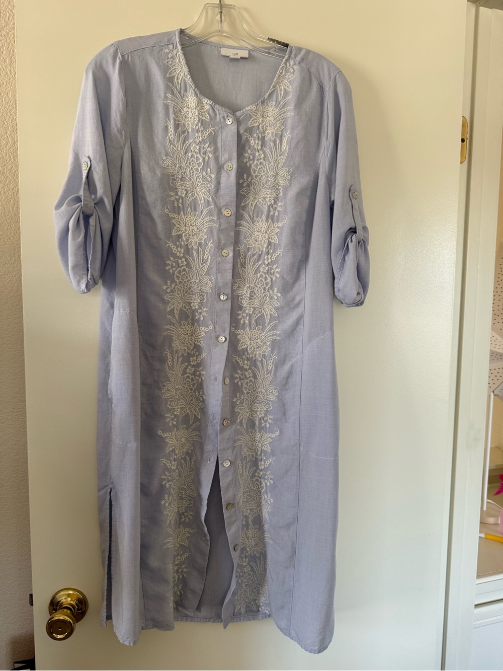 J. Jill Light Blue Embroidered Button-Front Long Sleeve Dress size S